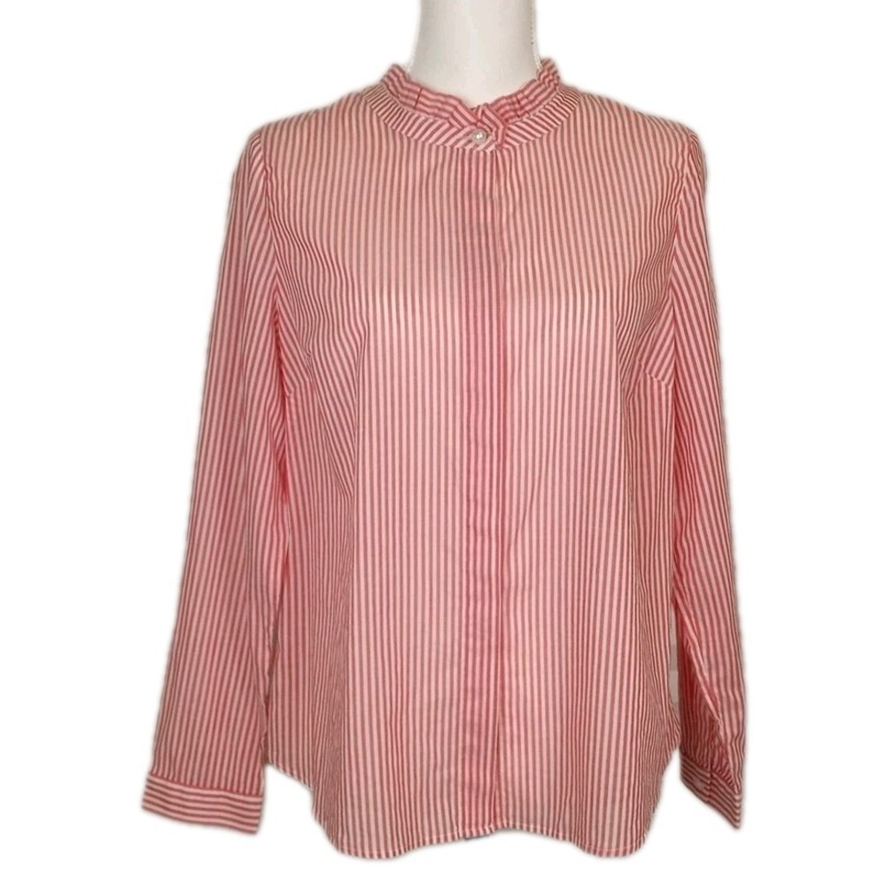 Talbots Ruffle Collar Blouse Red Stripe Edwardian Pearl Button 100% Cotton M P
